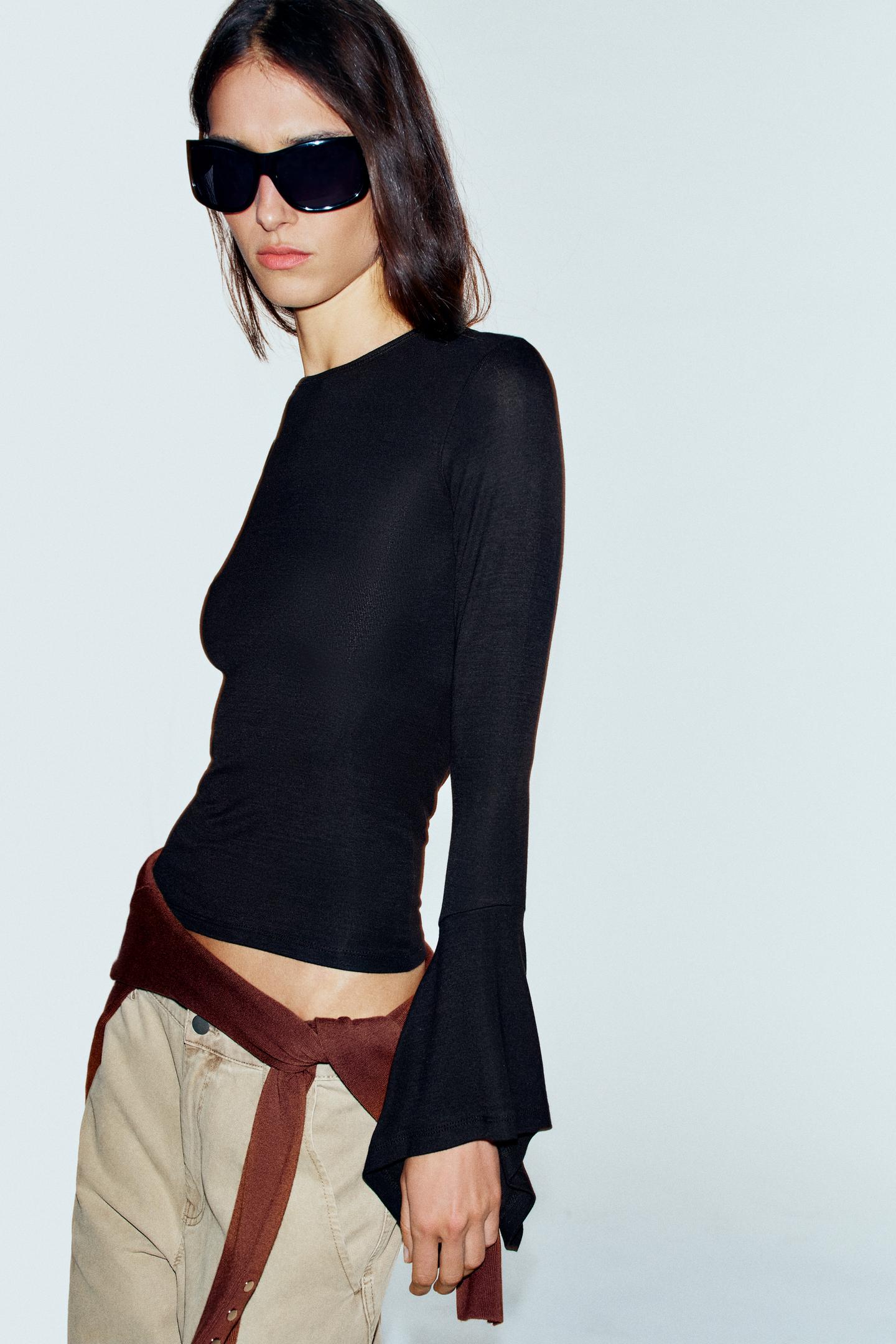 Женская футболка Zara Ruffle Sleeve, цвет: Чёрный — фото 2