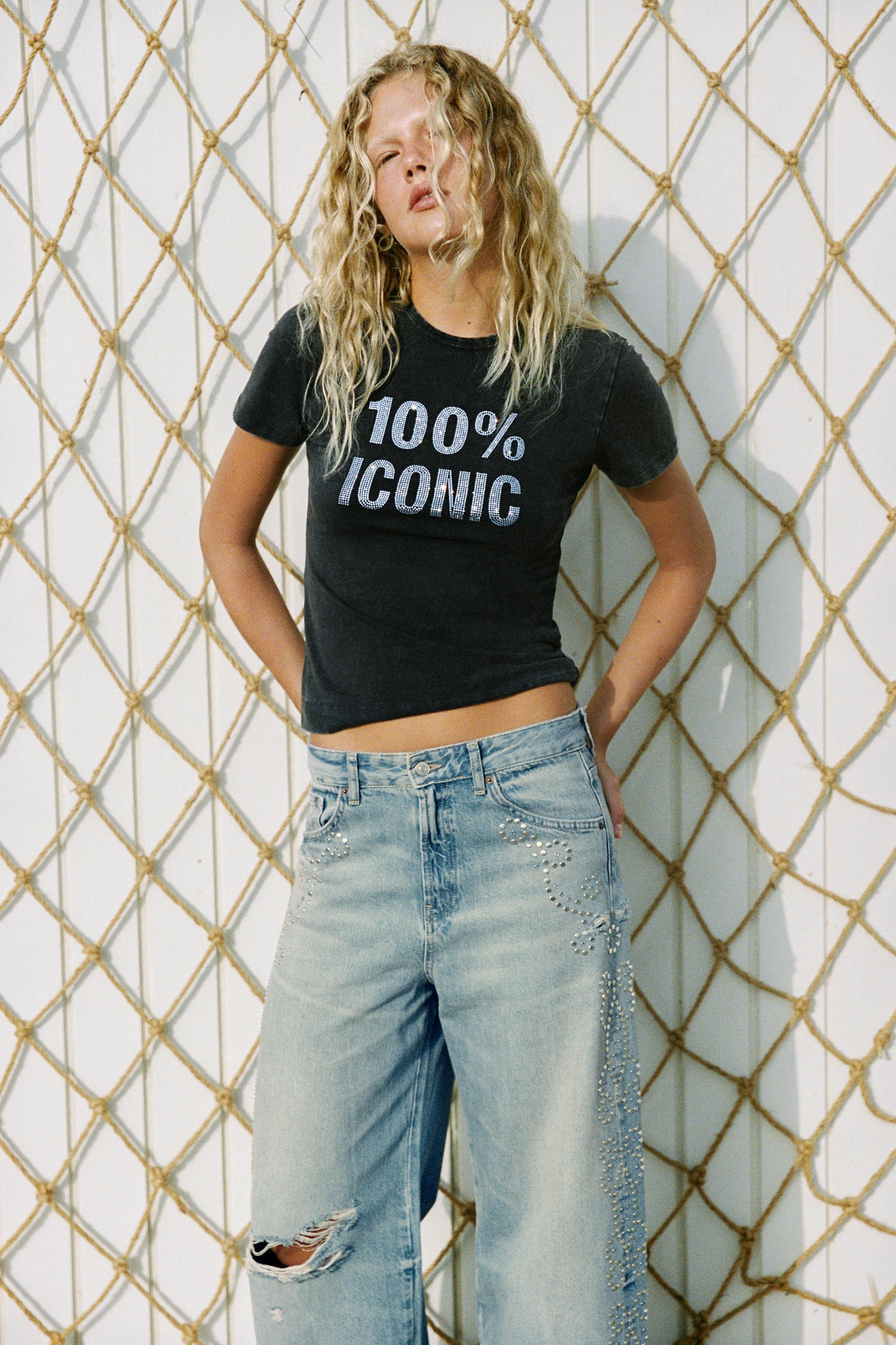 WASHED RHINESTONE TEXT T-SHIRT — Anthracite grey