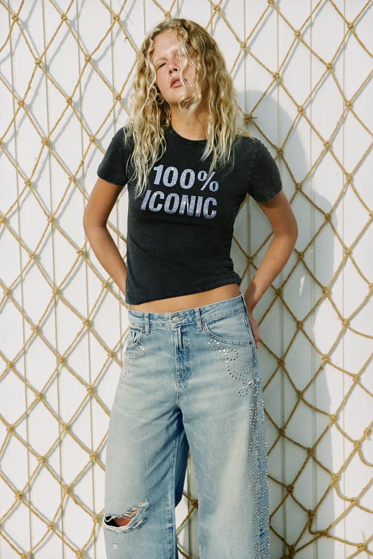 WASHED TEXT RHINESTONE T-SHIRT — Anthracite grey