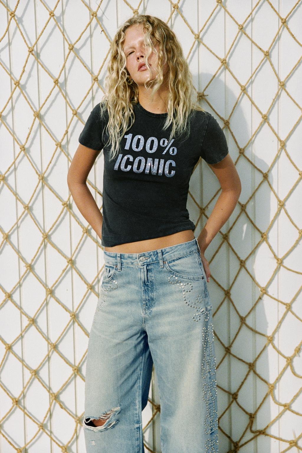 WASHED RHINESTONE SLOGAN T-SHIRT