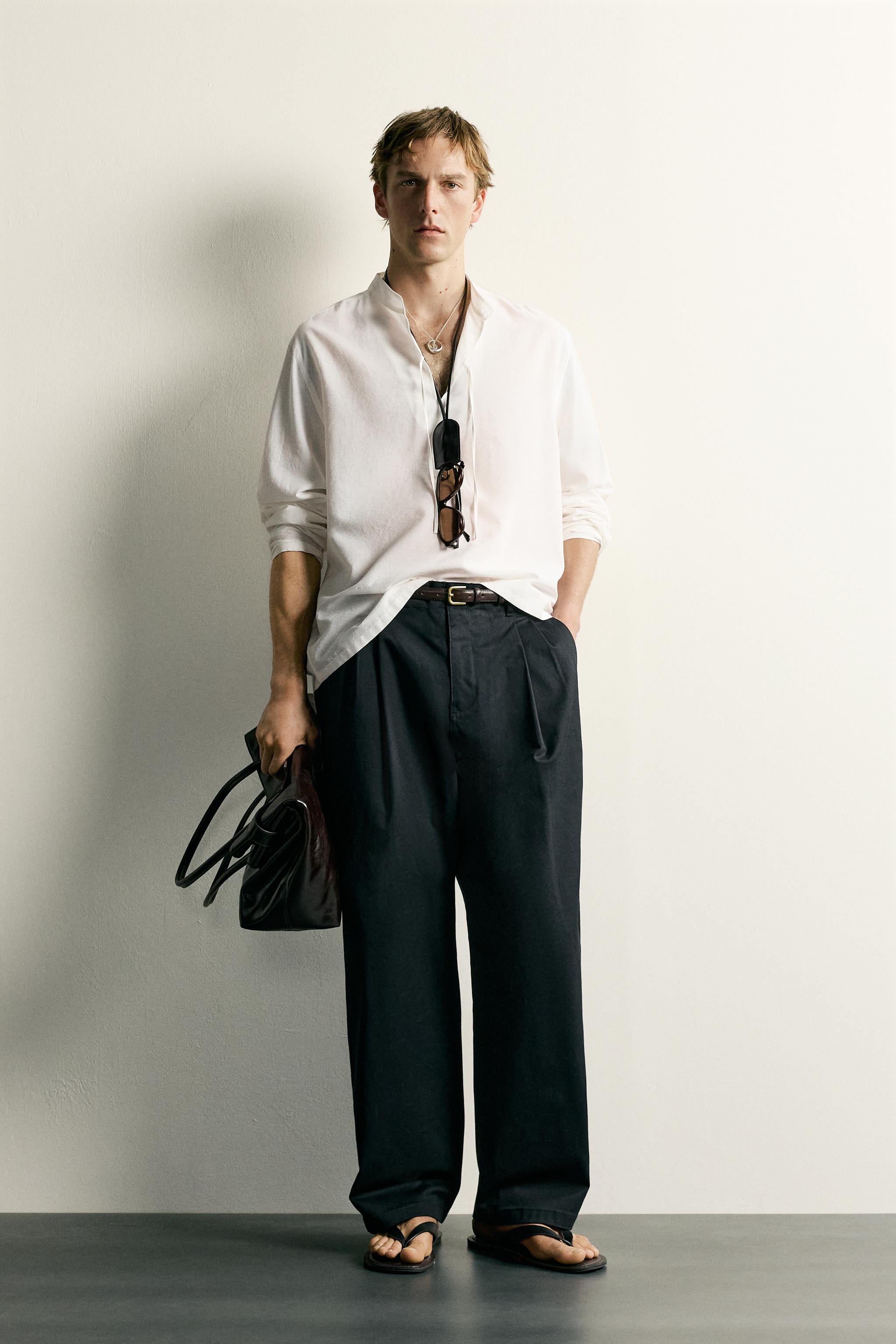 COTTON VISCOSE TIE DETAIL RELAXED FIT SHIRT