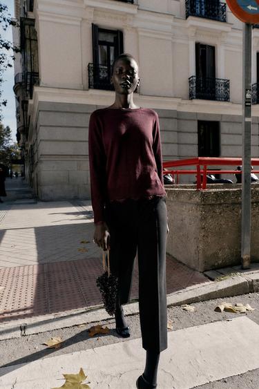 Zara COMBINED LACE KNIT JUMPER - Burgundy