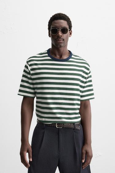 Zara STRIPED JACQUARD T-SHIRT - Green / Ecru