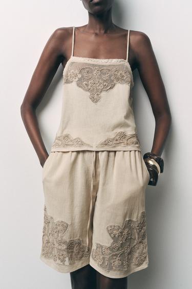 BEADED EMBROIDERED CAMISOLE TOP - Beige by Zara