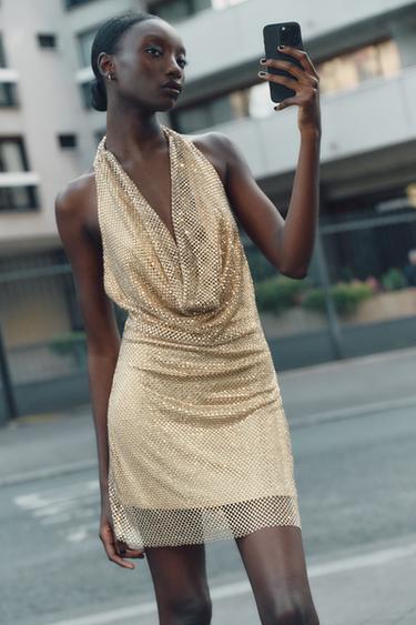 კაბა წითელი HALTER ბრჭყვიალები - Zara-ს Golden