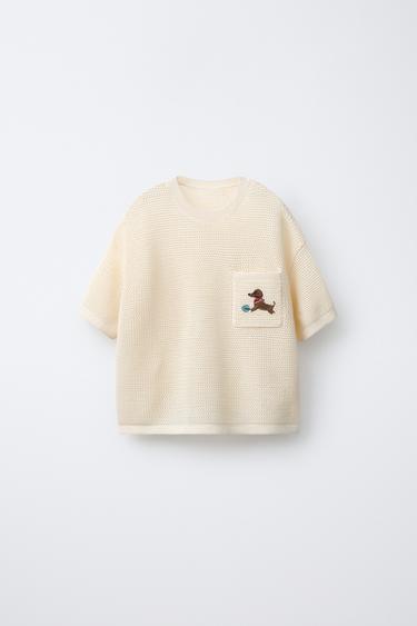 CAMISETA PUNTO BOLSILLO BORDADO - Crudo de Zara