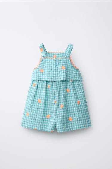 COMBI-SHORT À CARREAUX VICHY ET FLEURS BRODÉES - Bleu / Vert de Zara - Image 1