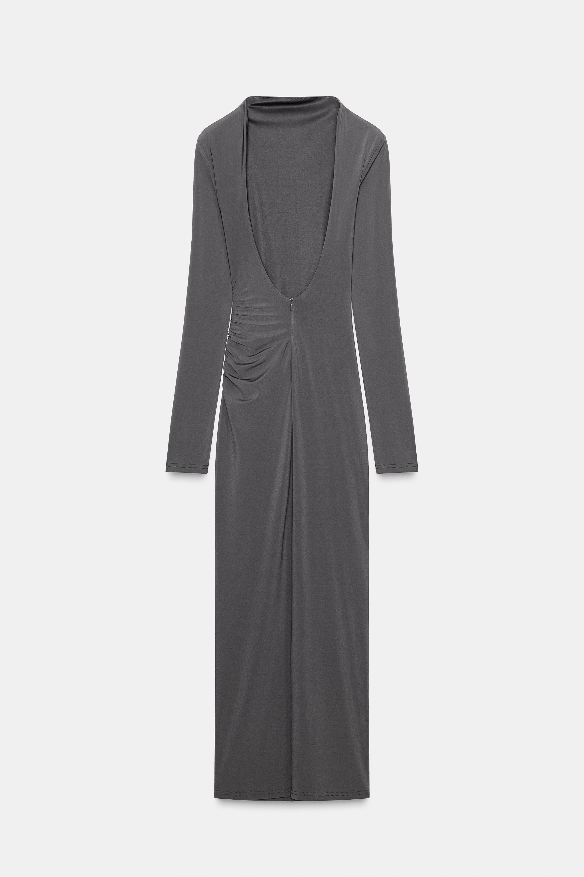 DRAPED SHOULDER PAD MIDI DRESS