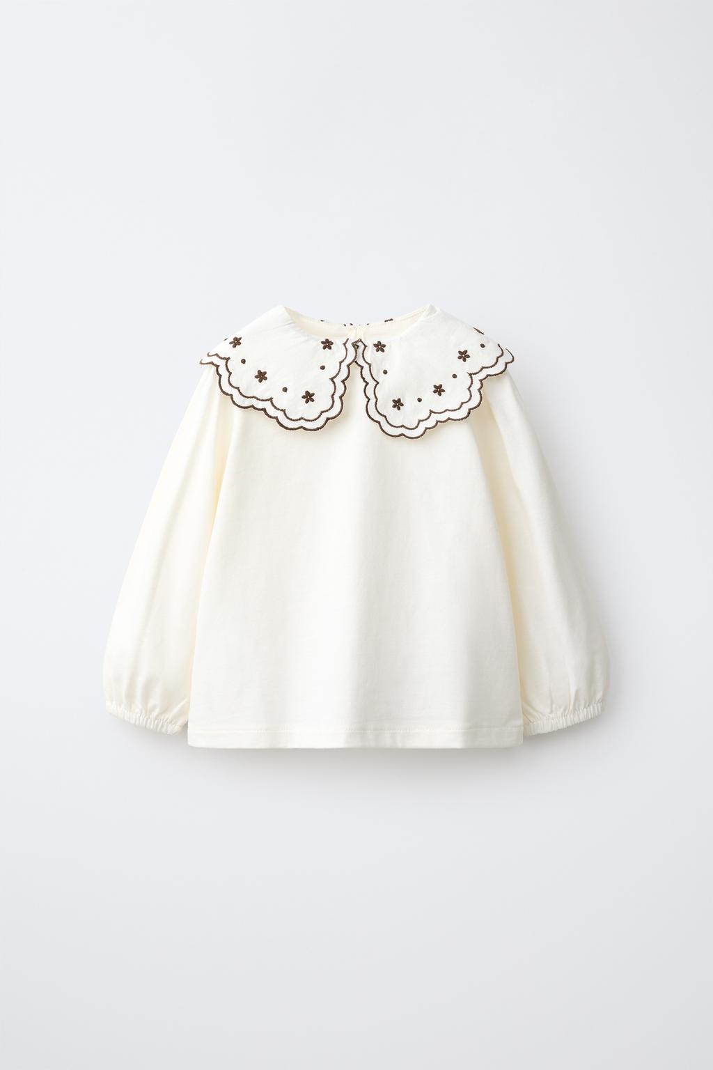 FLORAL EMBROIDERED PETER PAN COLLAR T-SHIRT