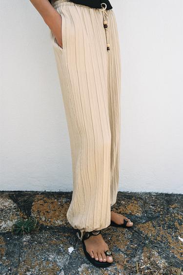 PANTALON LARGE À RAYURES ET TAILLE ÉLASTIQUE - Sable de Zara - Image 2
