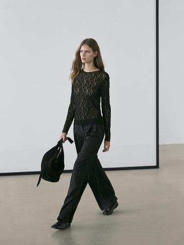 Zara Openwork knit top with long sleeves and lace - Black