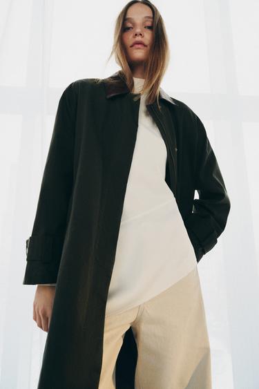 TRENCH COL CUIR CONTRASTANT ZW COLLECTION - Vert gris de Zara