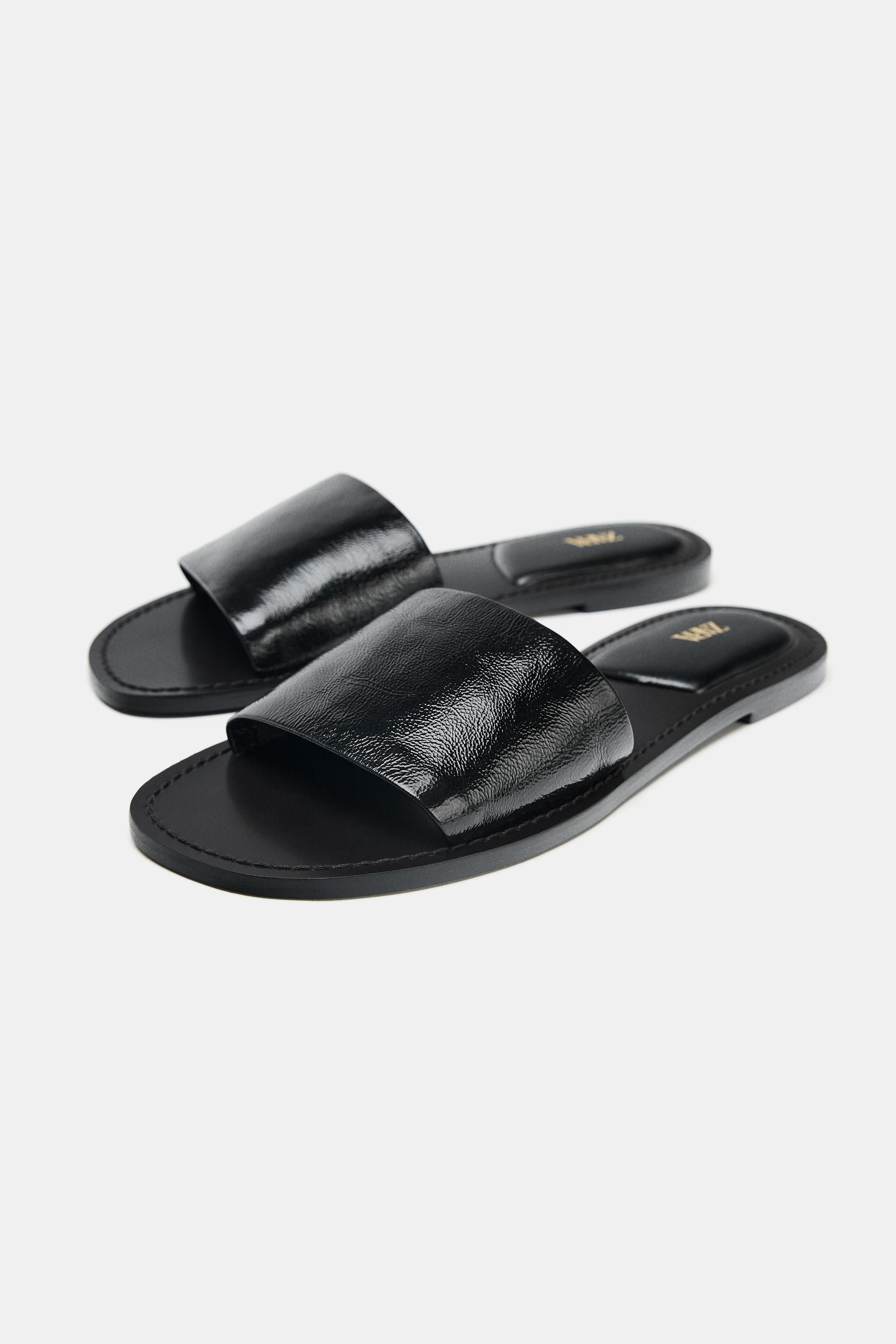 クラック加工入りレザースライドサンダル - ブラック | ZARA