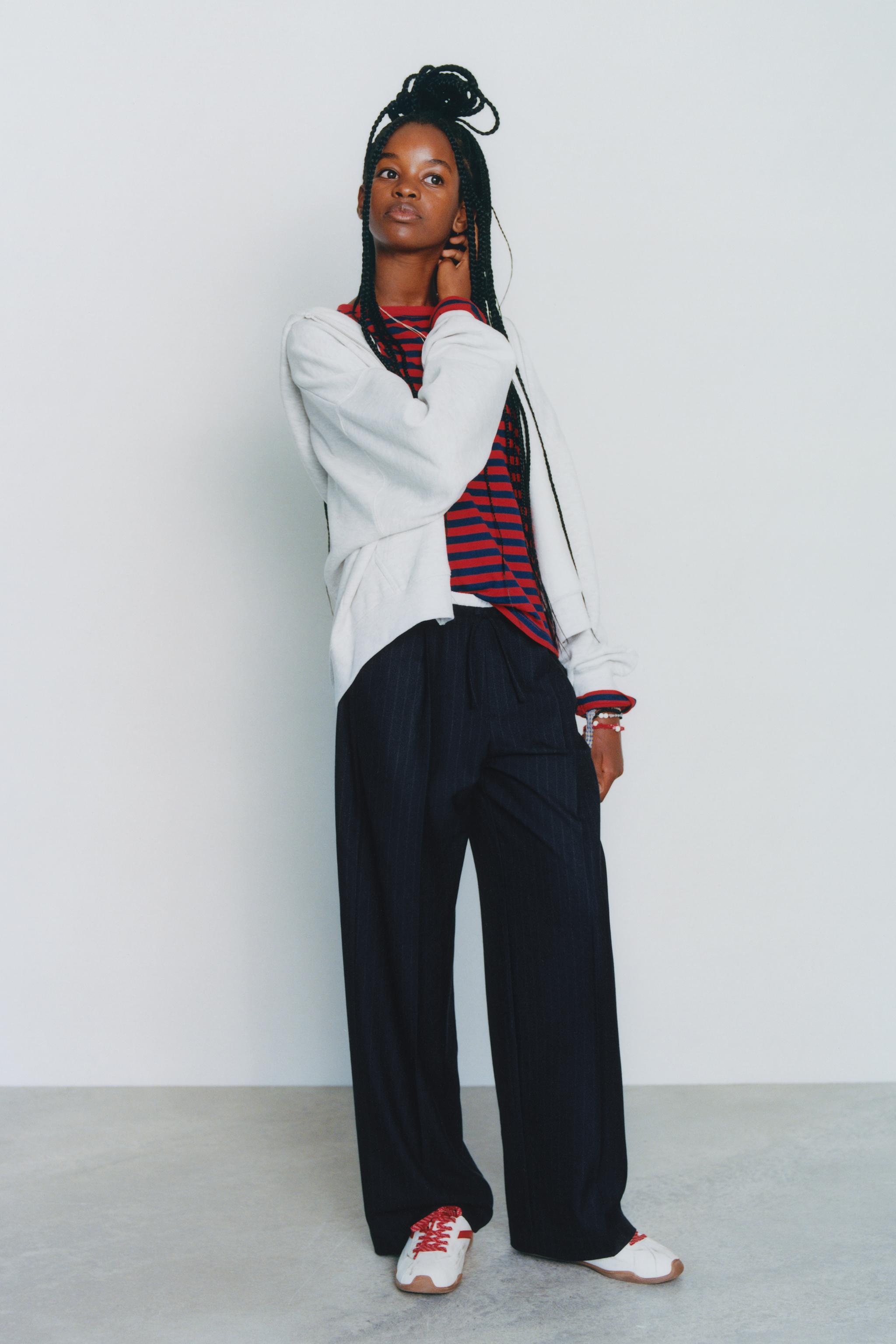 DOUBLE-WAISTBAND WIDE-LEG PANTS — Navy blue