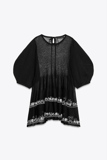 EMBROIDERED FINE KNIT LONG BLOUSE - Black by Zara