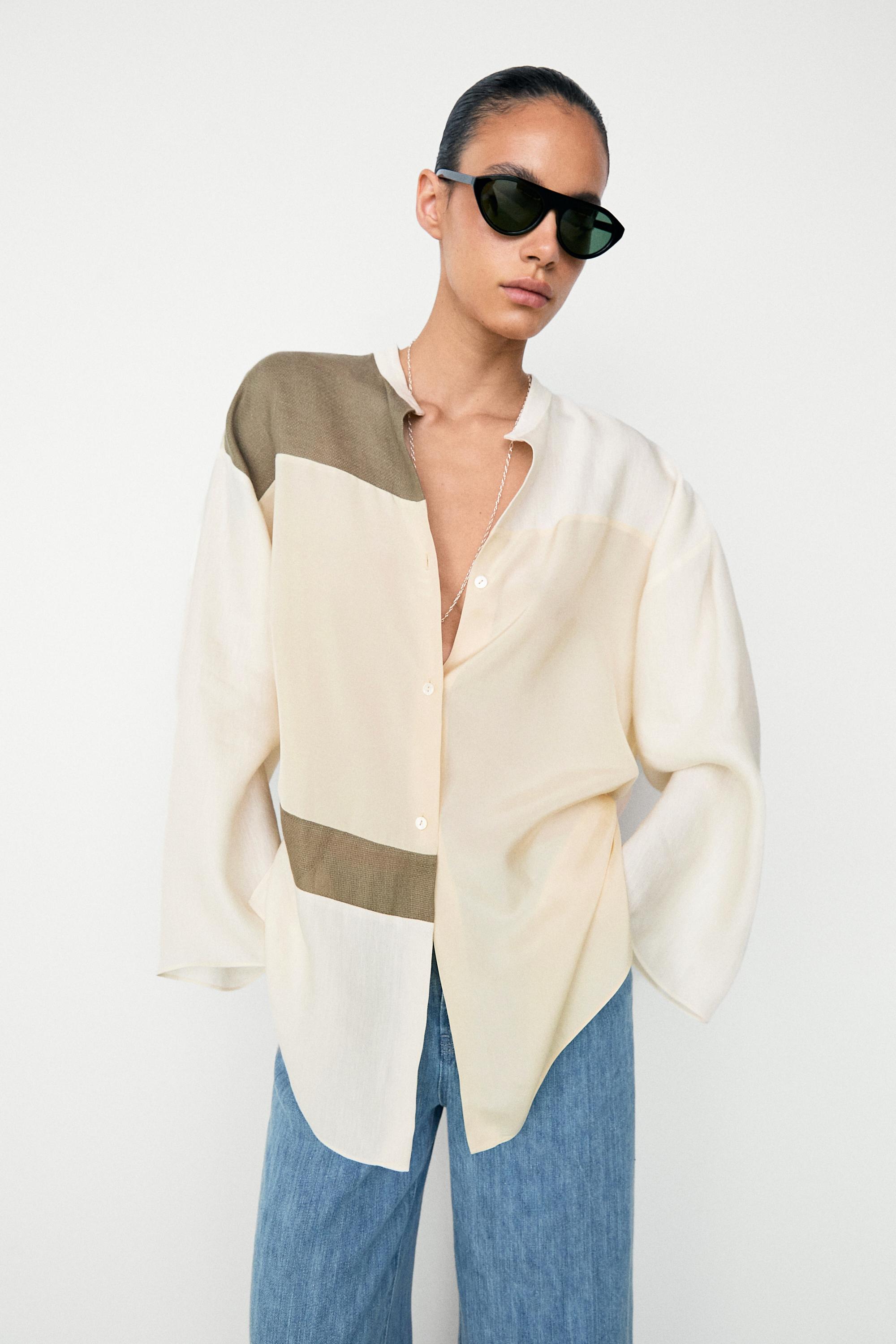 Flowing patchwork shirt with stand-up collar