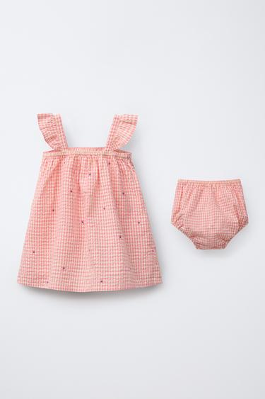 ROBE ET CULOTTE CARREAUX VICHY FLEURS BRODÉES - Rose de Zara - Image 1