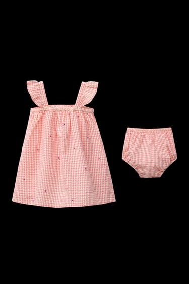 GINGHAM CHECK DRESS AND BRIEFS WITH EMBROIDERED FLOWERS - Pink by Zara