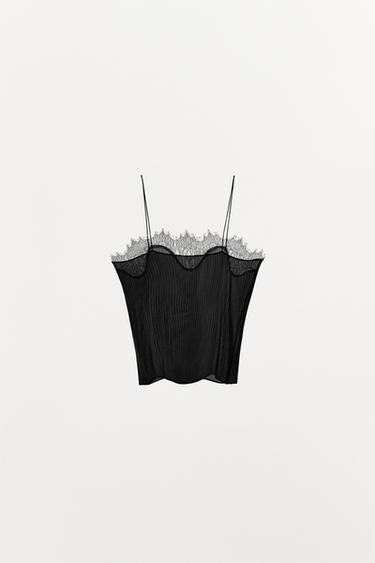 PLEATED TOP WITH LACE HEM - Black by Zara - Image 6
