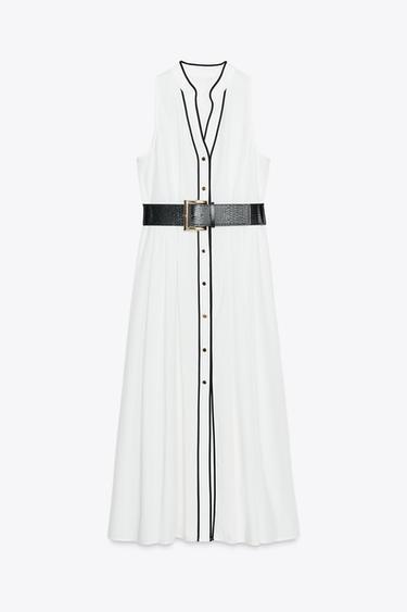 ROBE MIDI EN POPELINE LISERÉS CONTRASTE - Écru de Zara - Image 6