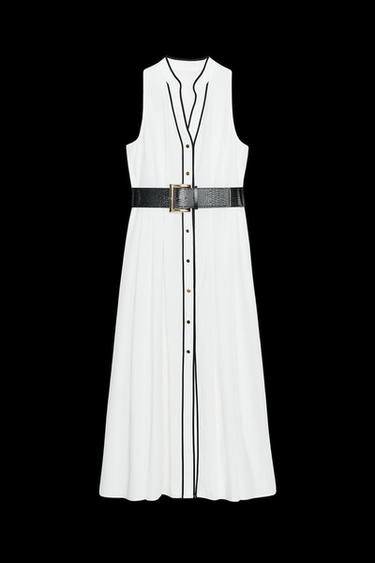 Zara CONTRAST TRIM POPLIN MIDI DRESS - Ecru - Image 0