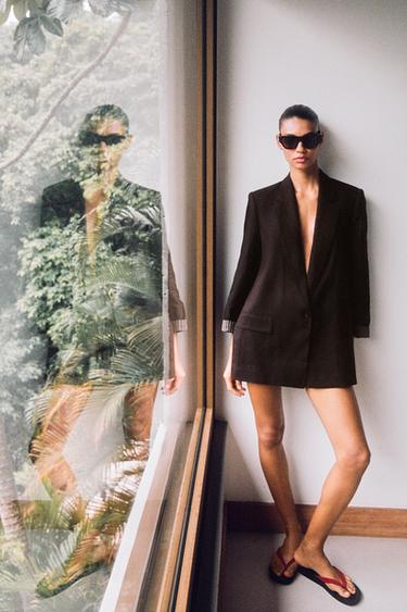 VESTE AVEC LIN À MANCHES RETROUSSÉES - Marron foncé de Zara