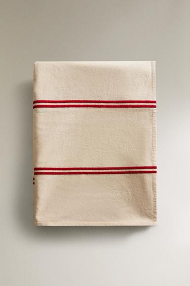 EMBROIDERED DOUBLE STRIPE TABLECLOTH - Ecru / Red by Zara