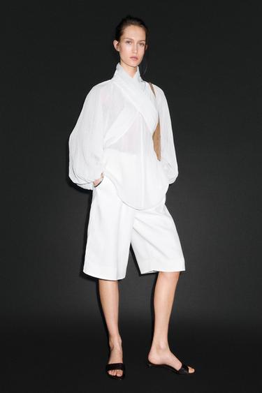 Blusa fajín mezcla lino - Blanco de Zara
