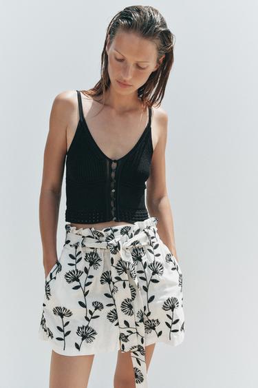 EMBROIDERED PAPER BAG BERMUDA SHORTS - Ecru / Black by Zara - Image 3
