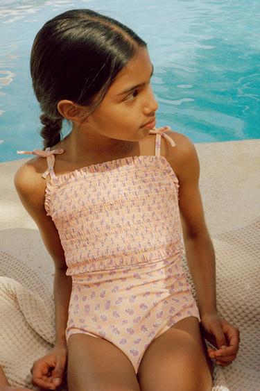 6-14 YEARS / FLORAL SMOCKED SWIMSUIT - Mustard Yellow by Zara