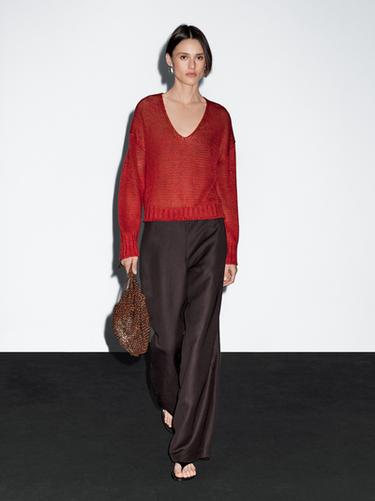 Zara Linen V-neck knit sweater - Red
