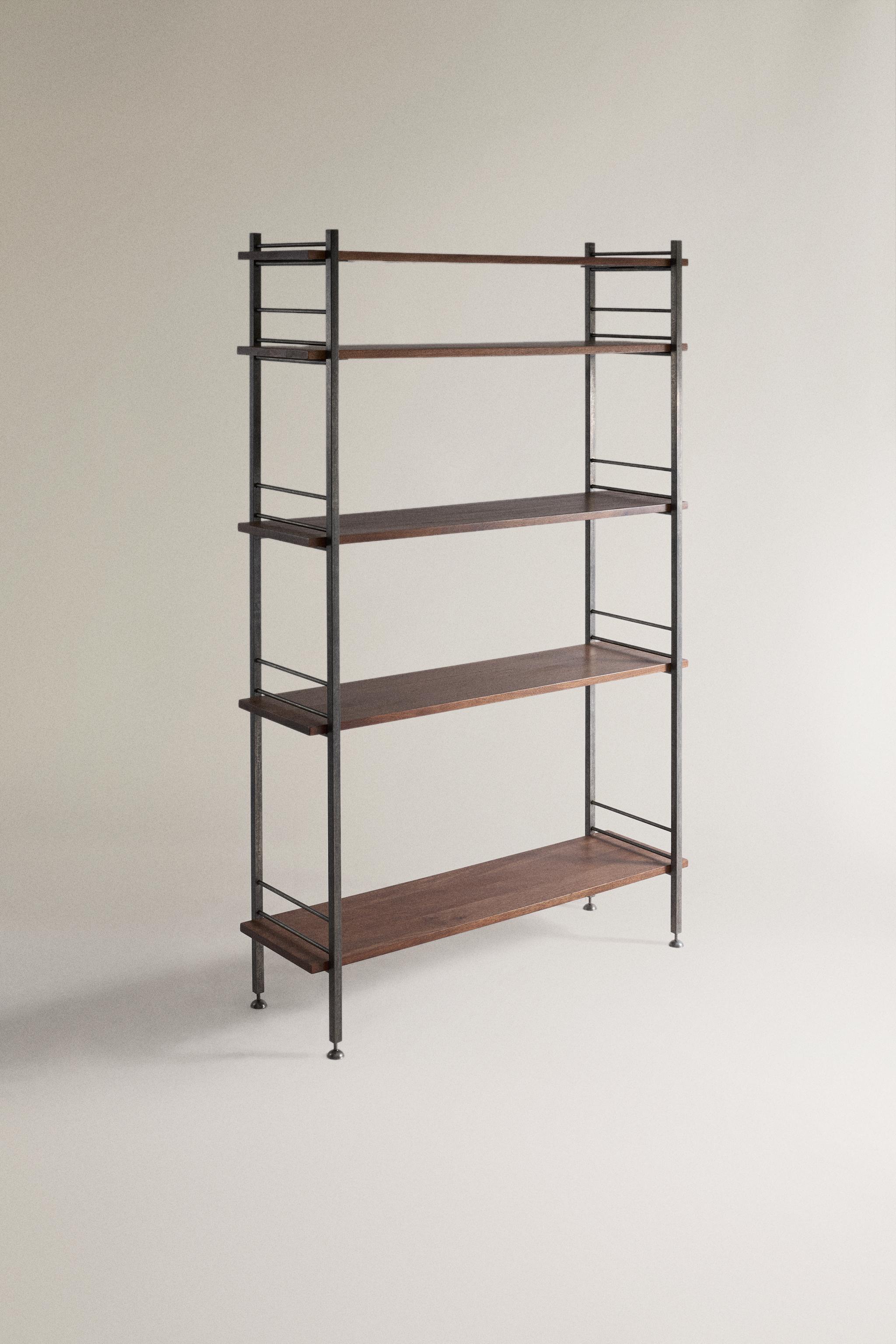 STAINLESS STEEL AND WOOD TALL SHELF UNIT — Brown