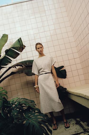 TEXTURED MIDI DRESS WITH BELT - Ecru / Beige by Zara