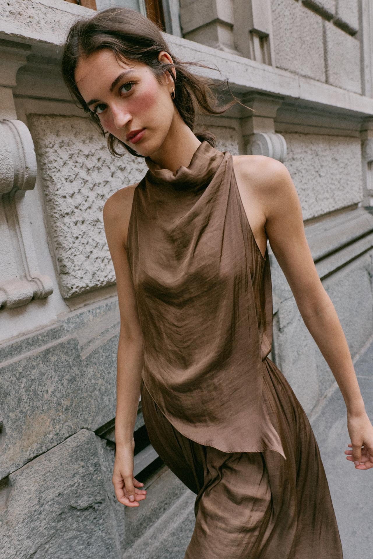 SATIN MIDI DRESS — Brown