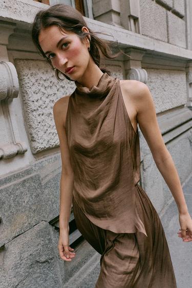 SATIN MIDI DRESS — Brown 2