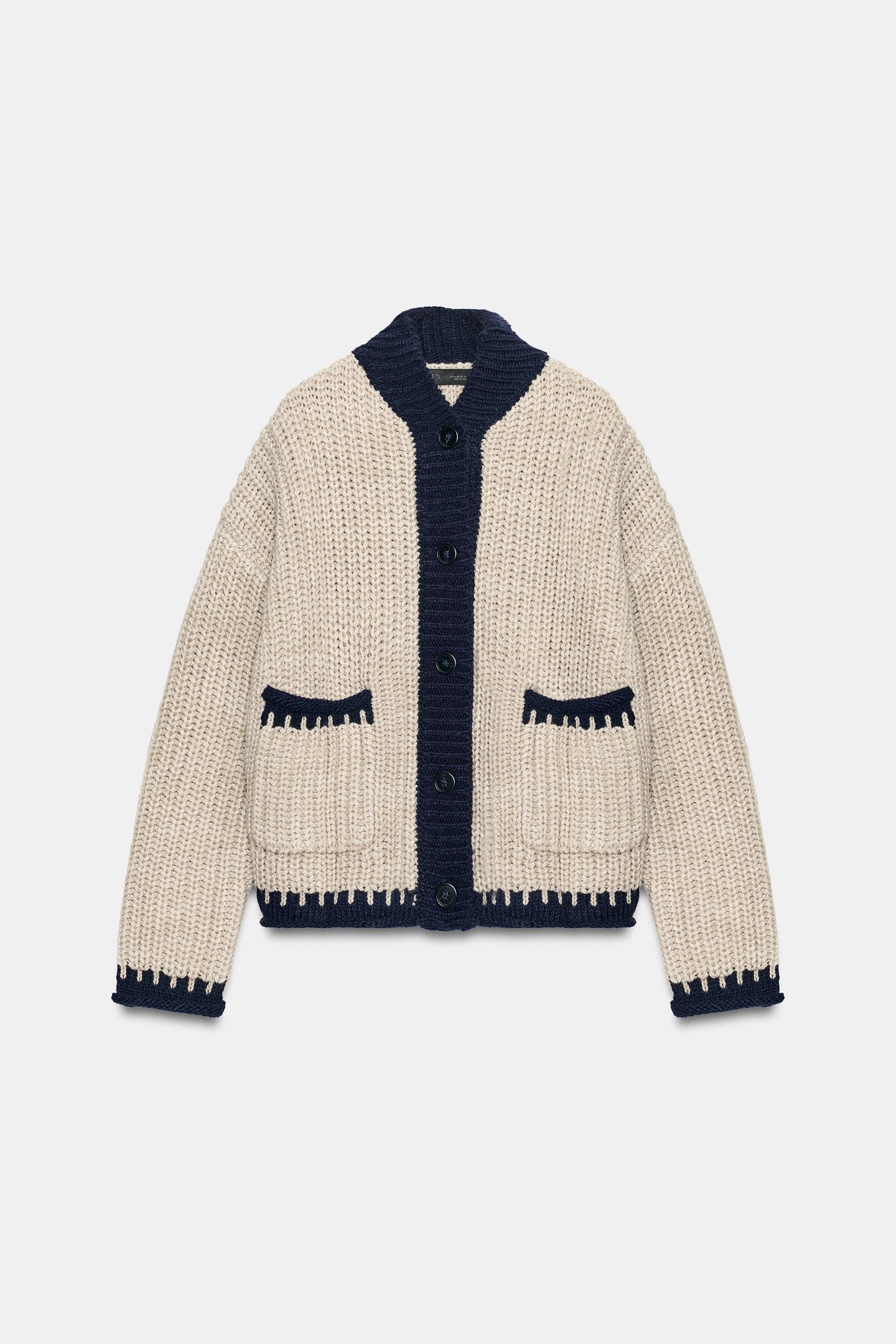 Женский кардиган Zara Contrast Trim, цвет: Светлый верблюжий — фото 6