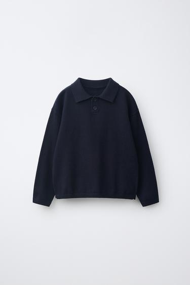 Zara SOLID KNIT POLO - Dark navy