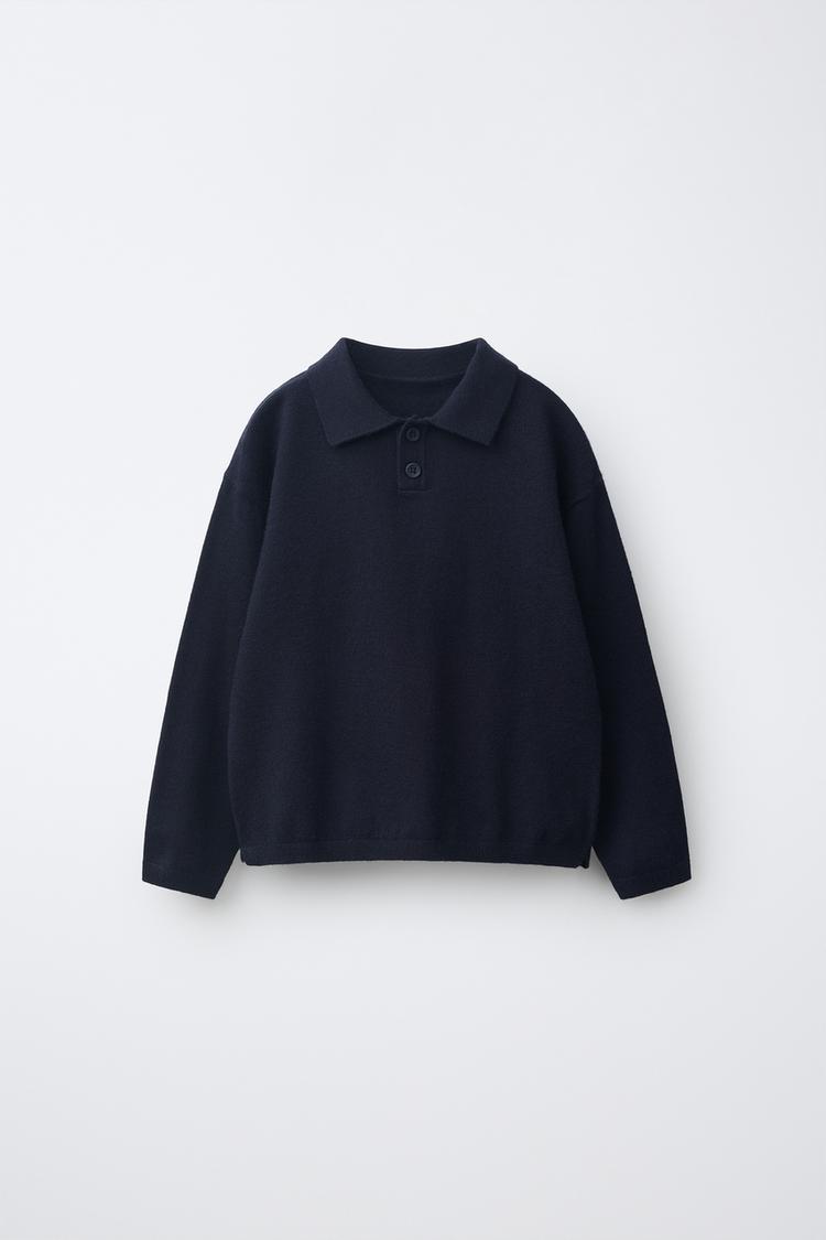 STRIPED KNIT POLO — Dark navy