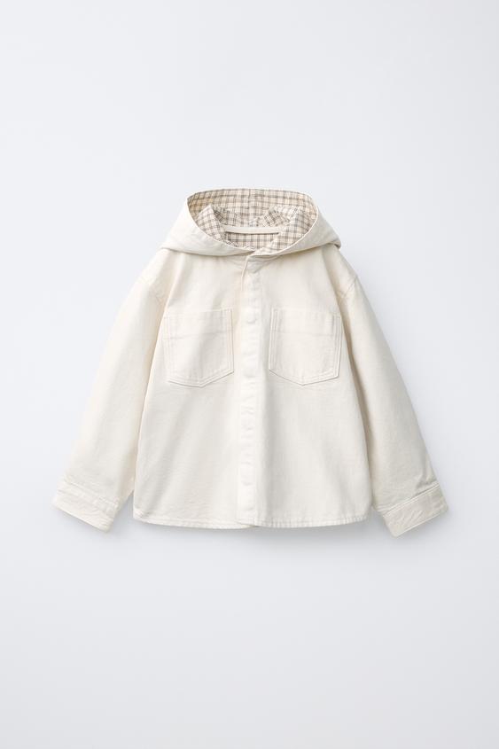 Zara 斜紋連帽格紋內襯襯衫式外套 - 裸色 - 圖片 0