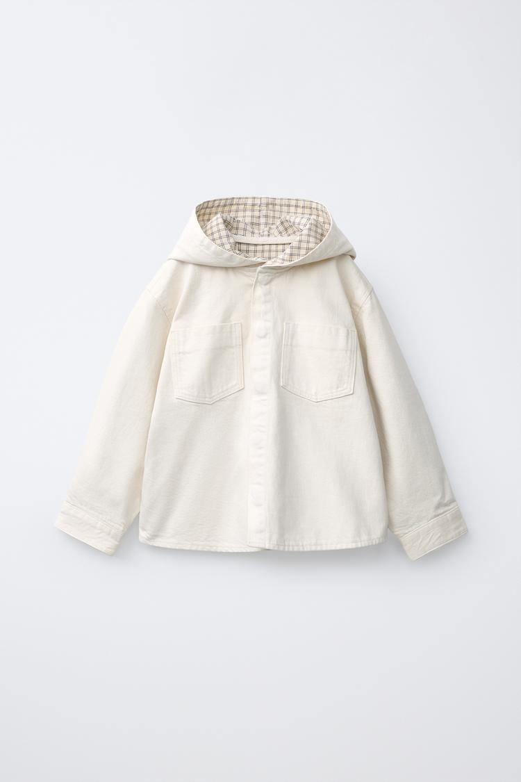PLAID LINED TWILL OVERSHIRT — Ecru