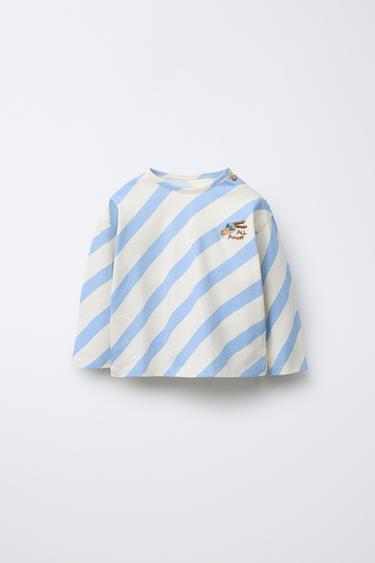 DIAGONAL STRIPE DOG EMBROIDERY T-SHIRT - Ecru / Blue by Zara