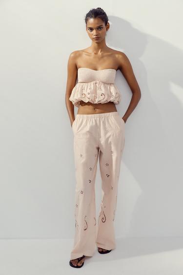 Zara EMBROIDERED PAJAMA PANTS - Pale pink