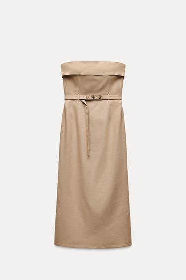 Zara BELTED MIDI DRESS - Straw