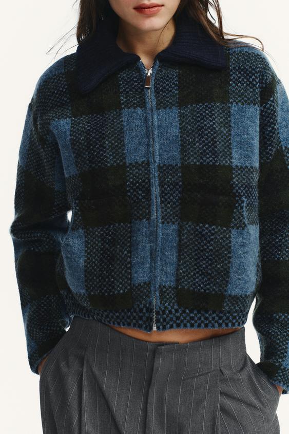 PLAID KNIT BOMBER JACKET