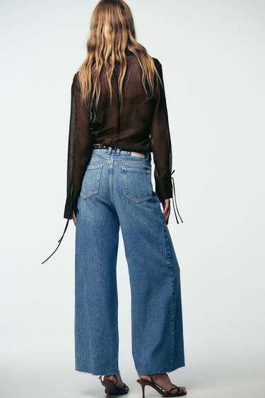 Zara Z1975 WIDE LEG CROPPED HIGH WAIST JEANS WITH BELT - Mid-blue