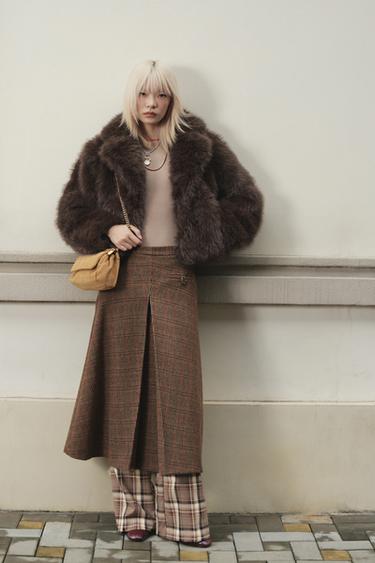 Zara 含羊毛格紋打褶裙 ZW COLLECTION - 棕色-藍色