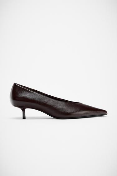 LEATHER KITTEN HEEL SHOES - Chocolate Brown by Zara