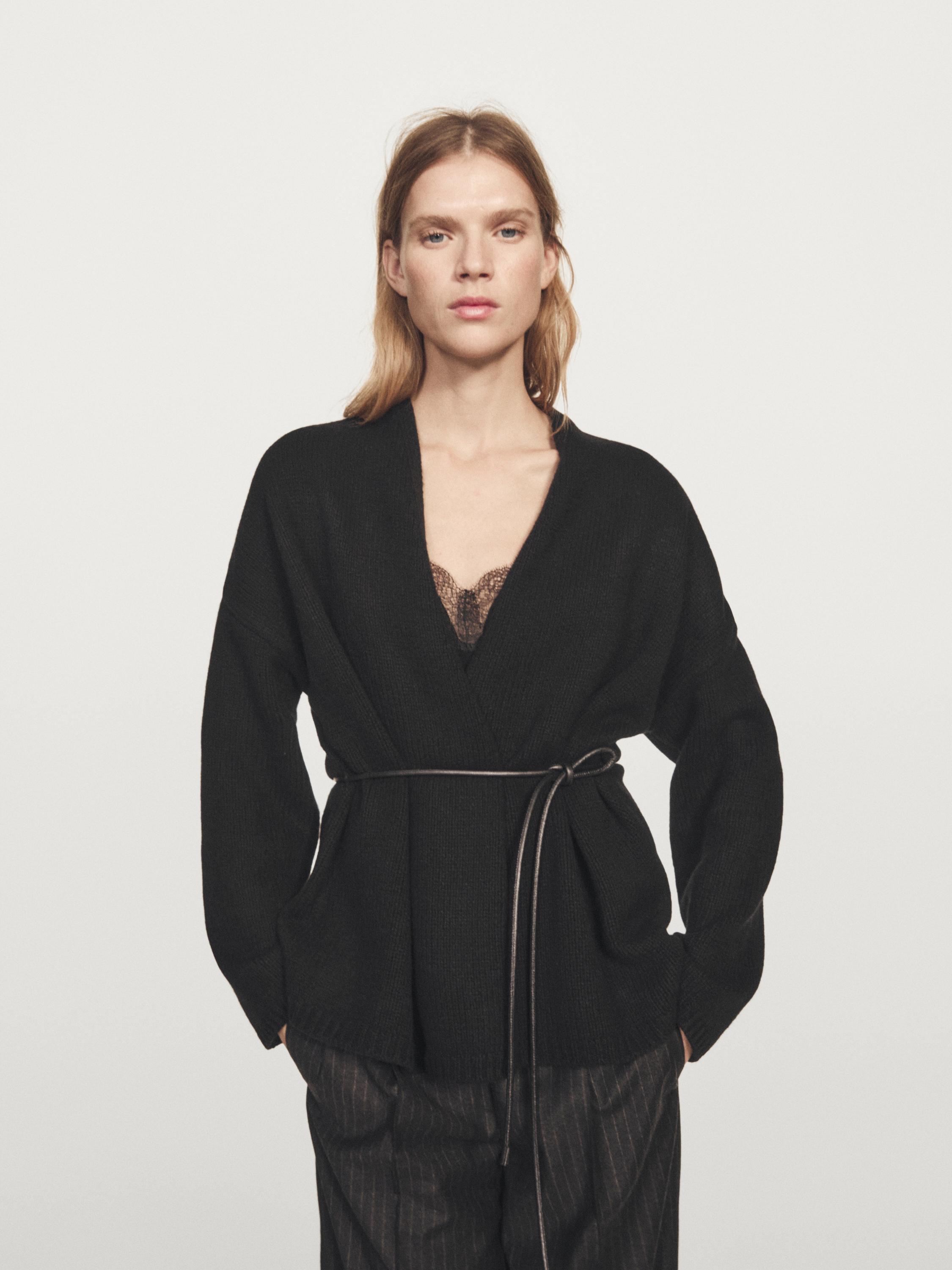 Long knit cardigan with belt