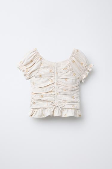 GATHERED TOP WITH EMBROIDERED FLOWERS AND LINEN - Sand by Zara
