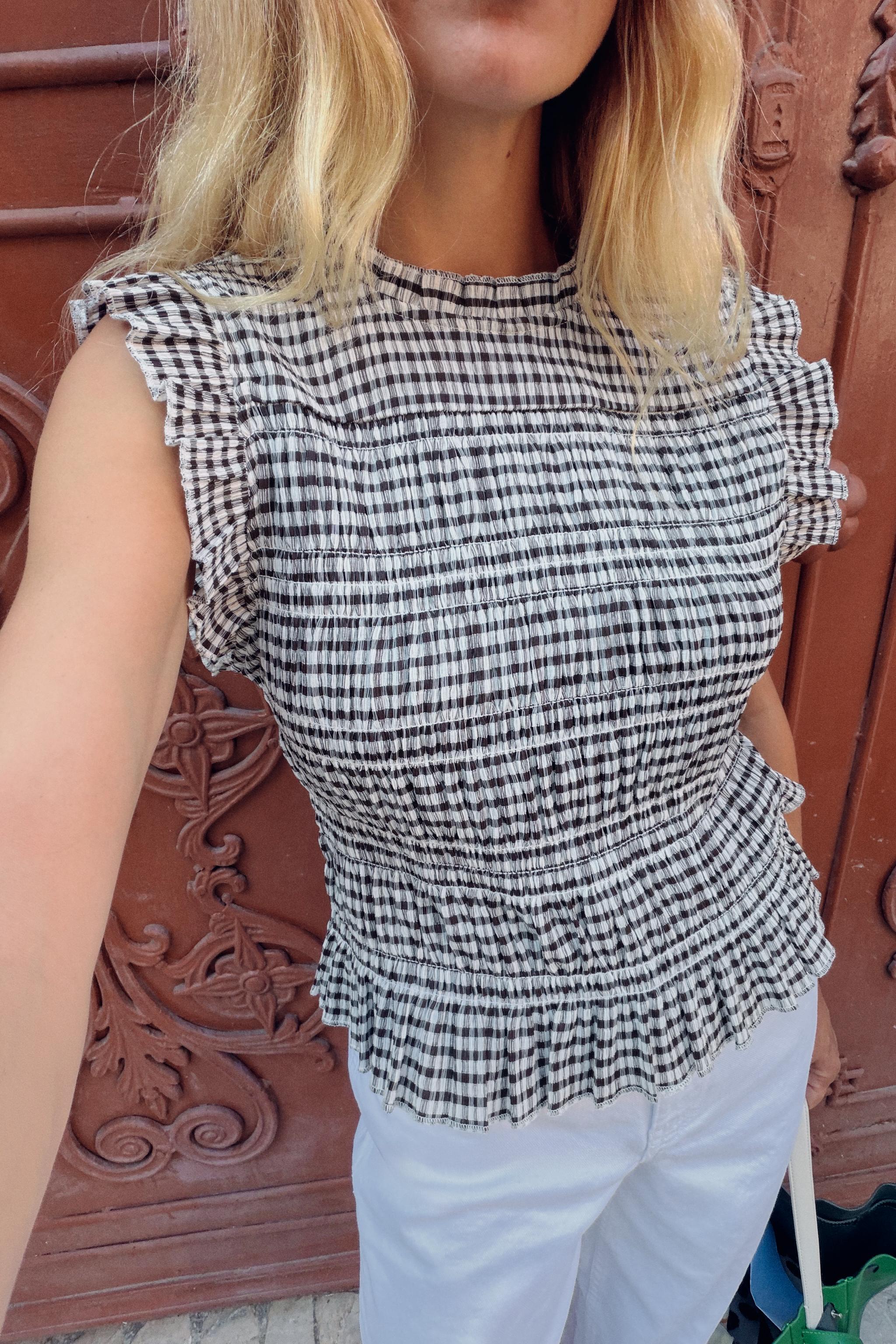 GINGHAM SMOCKED TOP — Brown / Ecru